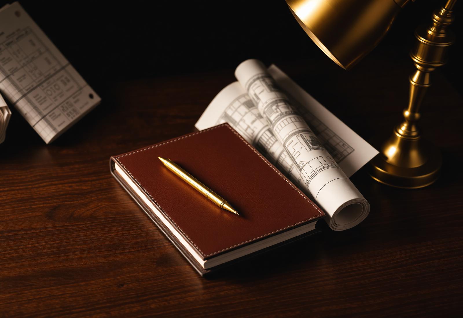 Leather notebook, brass pen, and rolled architectural plans on a walnut desk